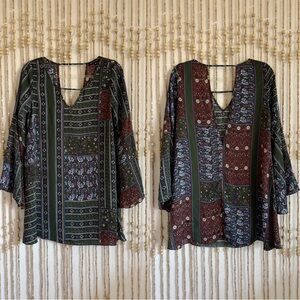 WilliamB Green Patchwork Boho Western Long Bell Sleeve Loose Fit Open Back Dress